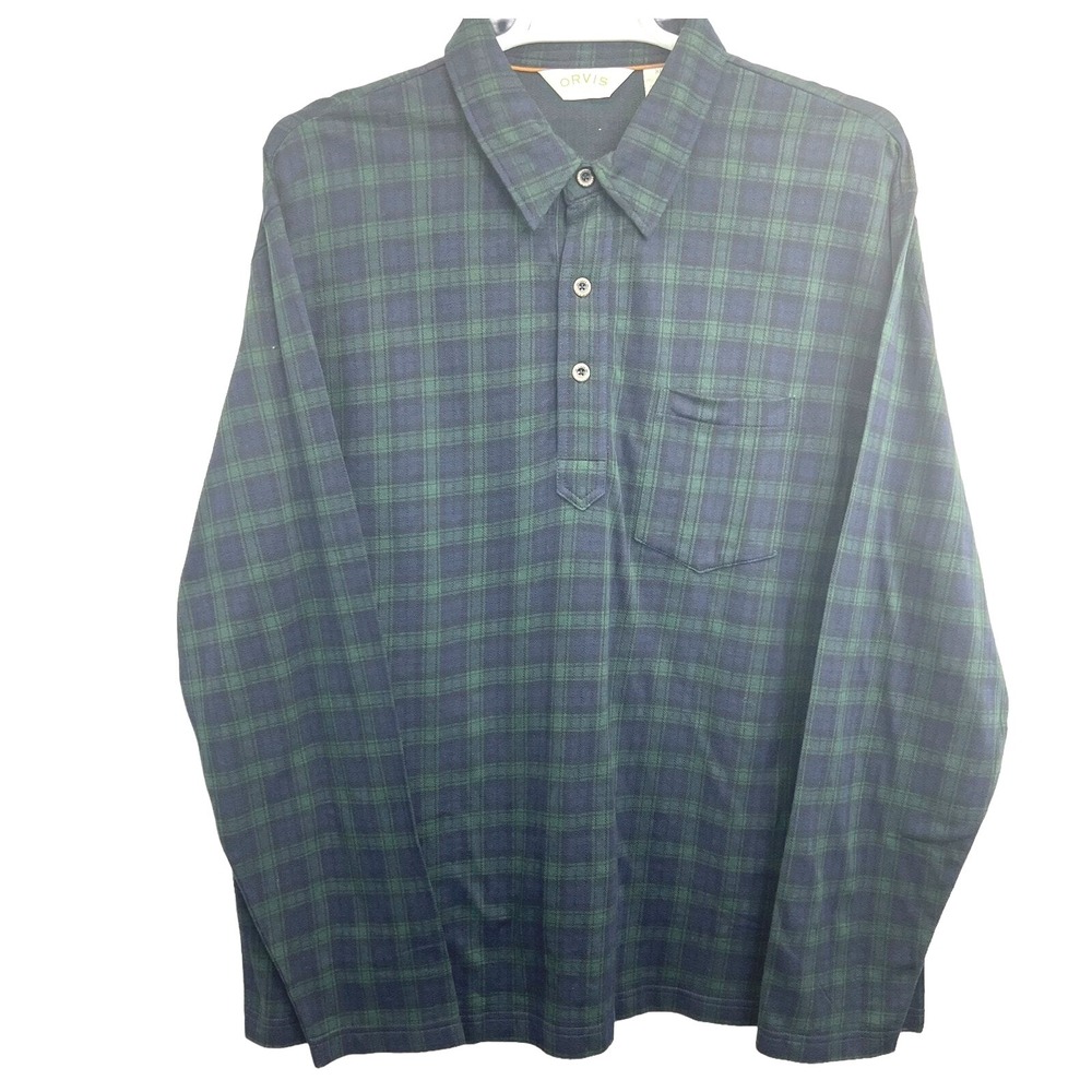 Orvis Plaid Long Sleeve Polo Shirt Knit Pullover Pocket Green Navy Mens Size XL